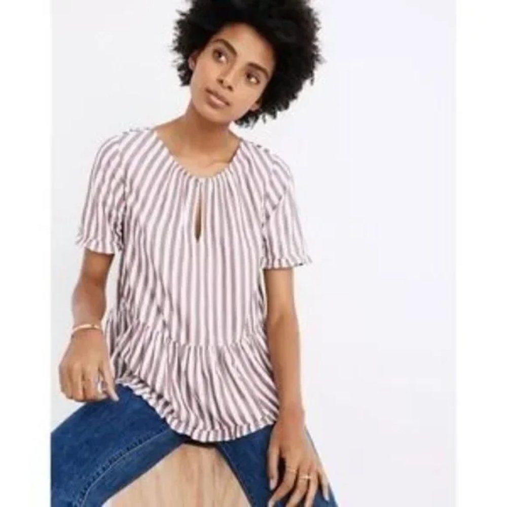 🌞 Madewell 🌞 'Stanza' Ruffle-Hem Stripe Top - [Small in Berry/White Stripe]